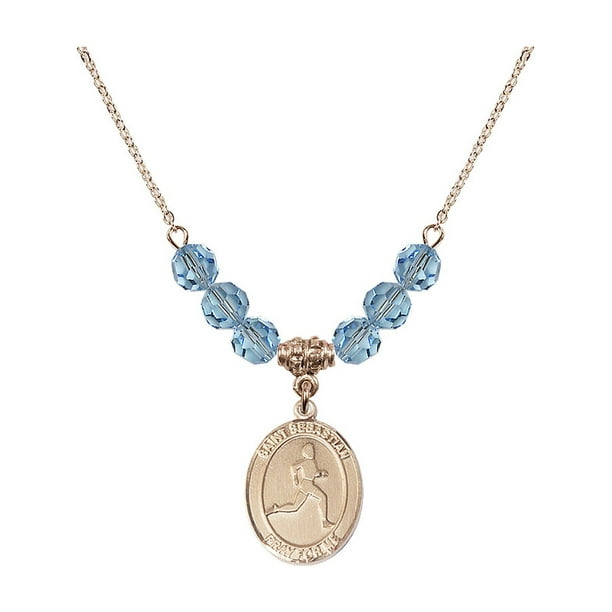 Bonyak Jewelry 18 Inch Hamilton Gold Plated Necklace w// 6mm Blue March Birth Month Stone Beads and Saint Sebastian//Soccer-Women Charm